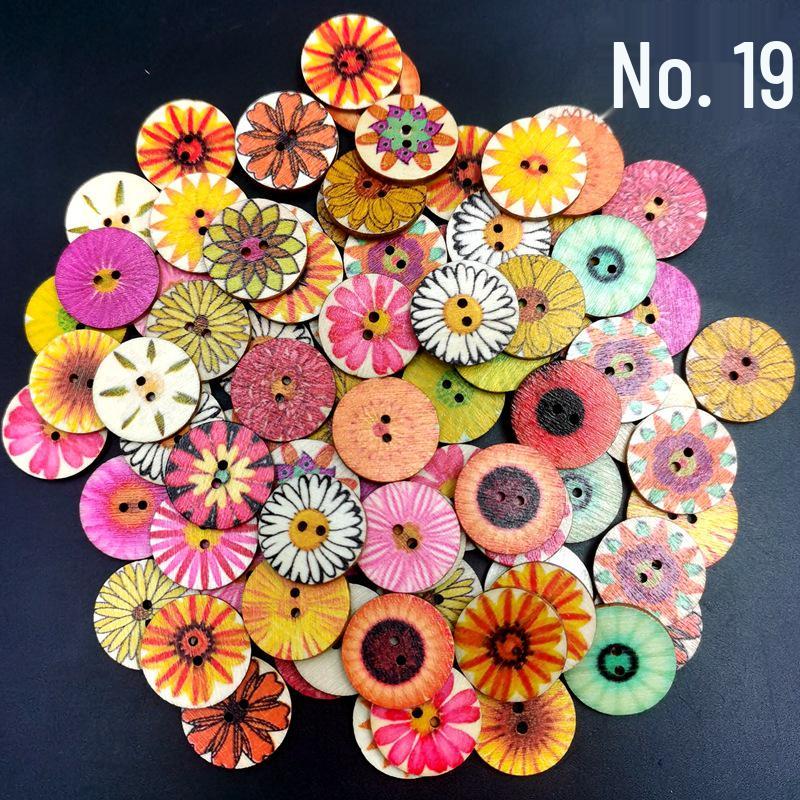 Retro Wooden Buttons for DIY & Toddler Crafts, Double Hole, 100 Pack, Colorful Print