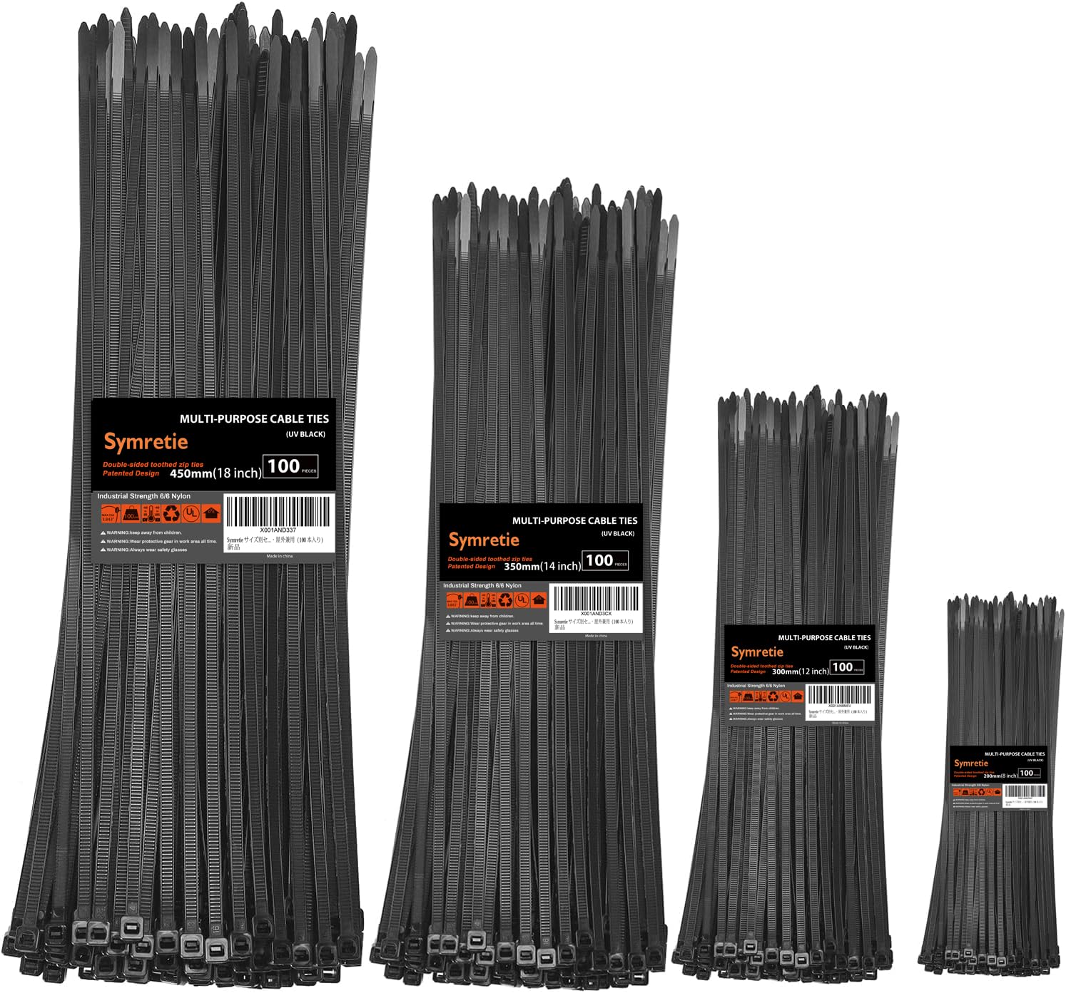 

Symretie Zip Ties (20cm + 30cm + 35cm + 45cm) - Double-Sided Teeth, 45kg Tensile Strength, Heavy-Duty, Self-Locking, Adjustable, Durable Nylon Cable