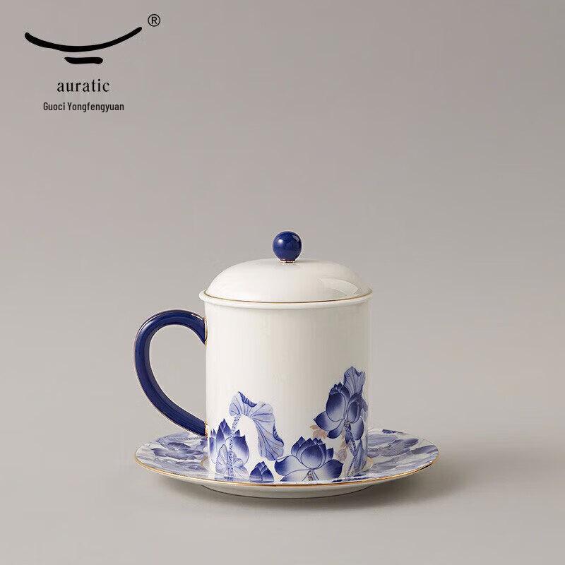 Yongfengyuan Blue and White Ceramic Lidded Office Mug, 350ml
