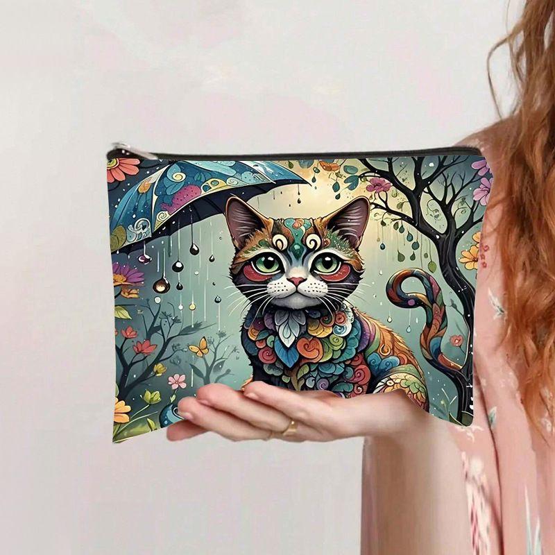 Retro Katzen Kosmetiktasche Leinwand Reißverschluss Große Kapazität Federmäppchen Kosmetikaufbewahrung Handwaschtasche