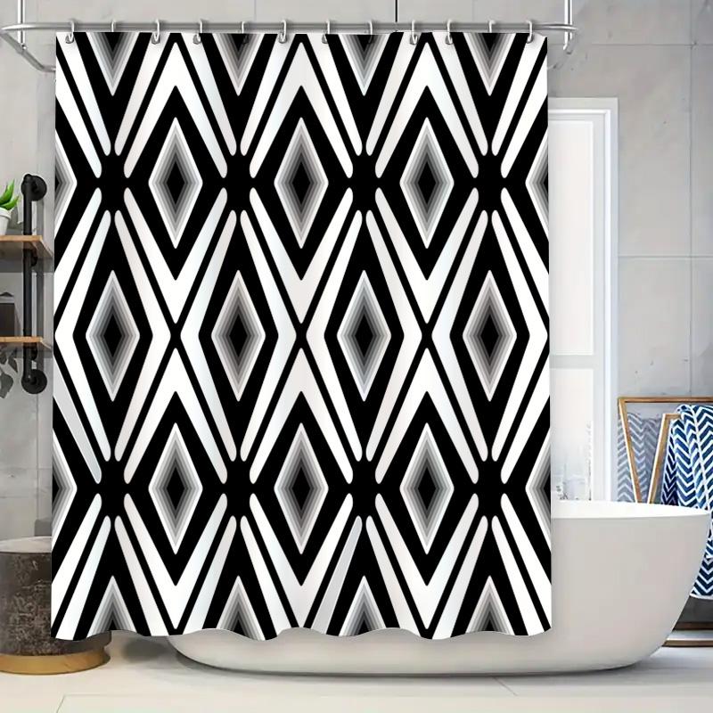 

Fashion Diamond Print Shower Curtain With Black White Geometric Design For Bathroom Decor Durable Waterproof Home Decoration W60H190(CM)-1 Pcs