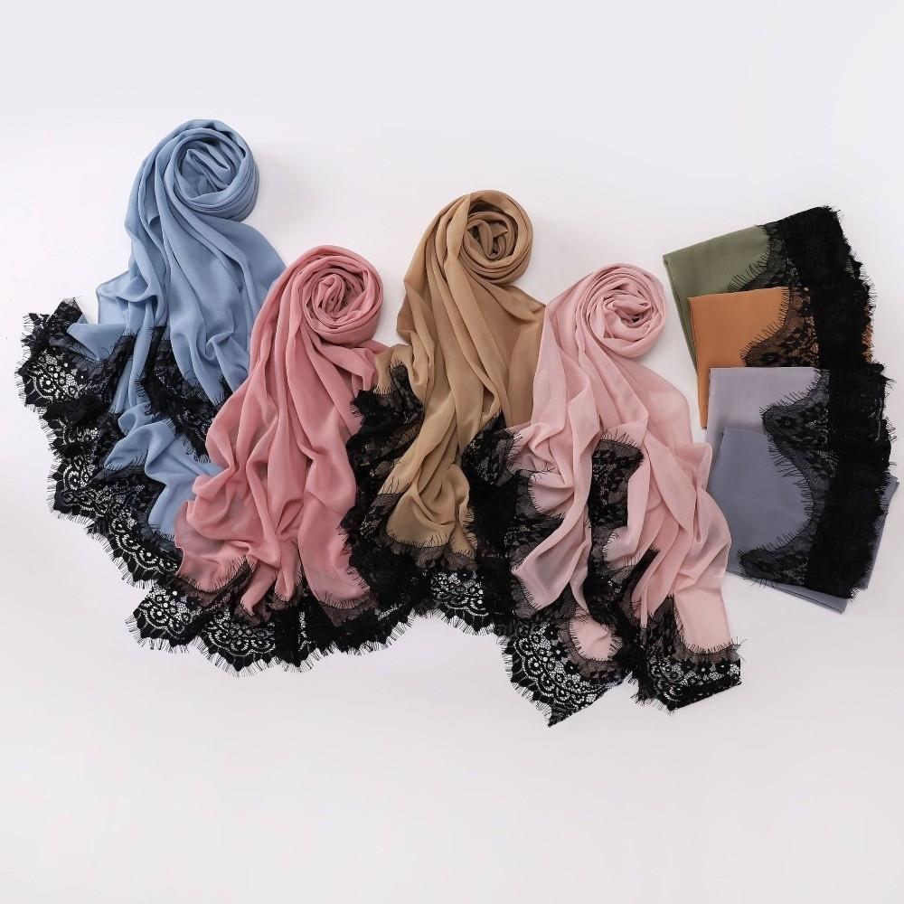Eyelash Black Lace Long Hijab Soft Material Islamic Shawl Wrap Malaysian Headscarf For Women