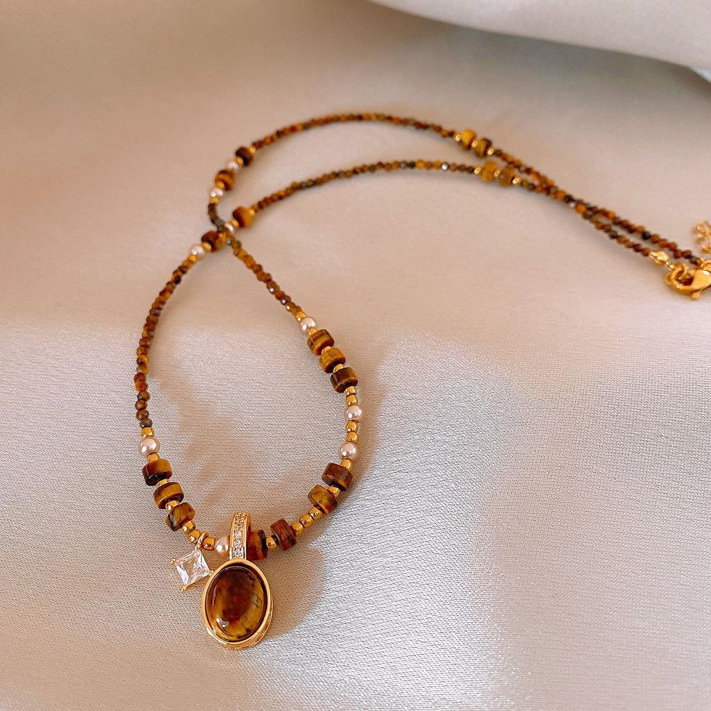 Vintage Maillard Style Square Zircon Tiger's Eye Necklace Accessories Women's Sweater Chain Necklace