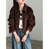 Womens Suede-Like Vintage Collar Short Jacket Fall 2026 Casual Slim Fit Outerwear In Coffee Brown