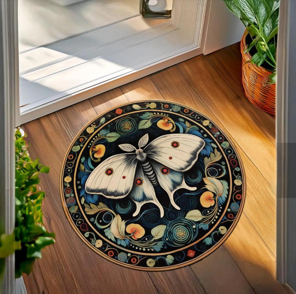 Round Moth Butterfly Theme Area Rug Exquisite Floral Pattern Mat Non Slip Stylish Elegant For Living Room Bedroom Home Decor