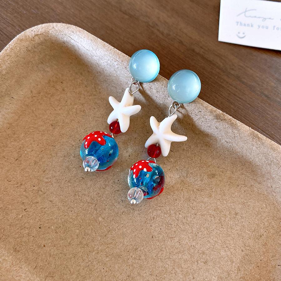 Серьги-гвоздики с гладким круглым бисером  Кошачий глаз  Звезда Морская Звезда Нишевые Новые Китайские Ретро Серьги Серьги