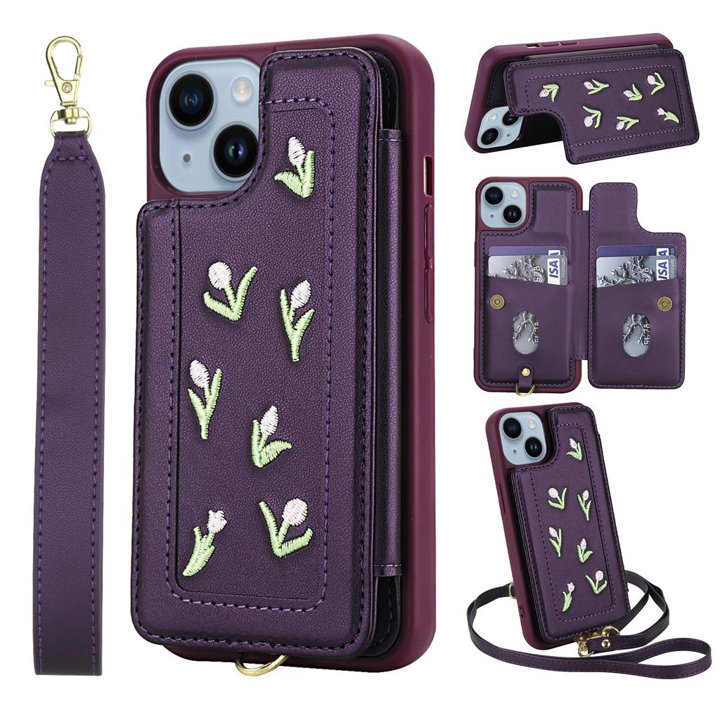 For iPhone 14/13 Case Embroidered Tulips PU Leather Card Holder Back Cover with Shoulder Strap/Wrist Strap