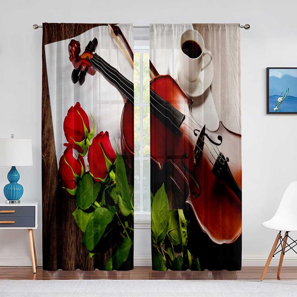 Röd Ros Blommig Kaffe Violin Skir Voile Gardin för Vardagsrum för Fönsterpersienner Sovrum Draperi Kök Hall Tyllgardiner