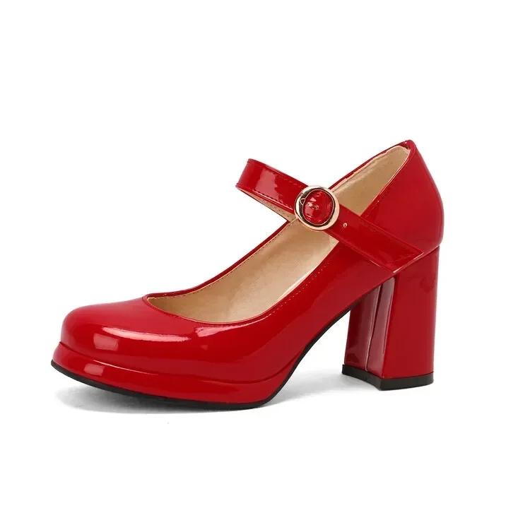 Fashion PU Patent Leather Green Navy Blue Closed Toe Mature Ladies Office Pumps Buckle Strap Vintage Women Mary Janes Shoes Block Heels