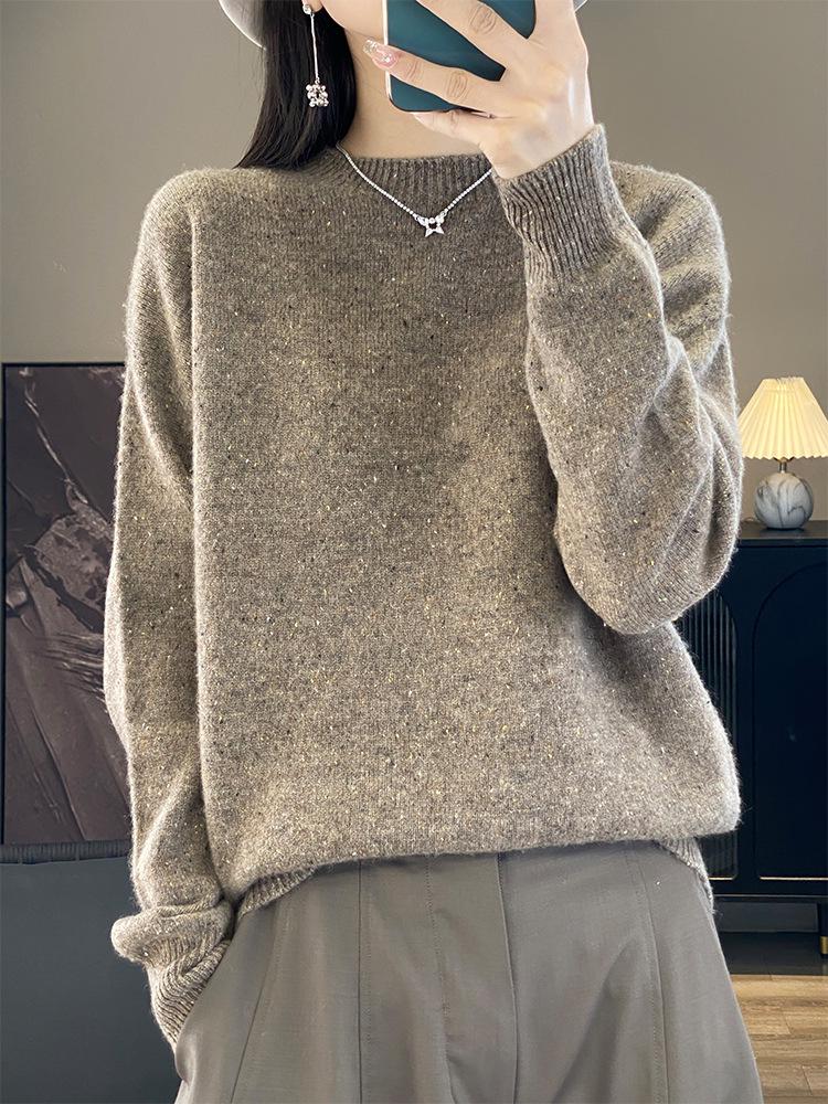 100% Pure Wool Seamless Round Neck Long Sleeve Slimming Sweater for Women - Autumn Winter Base Layer