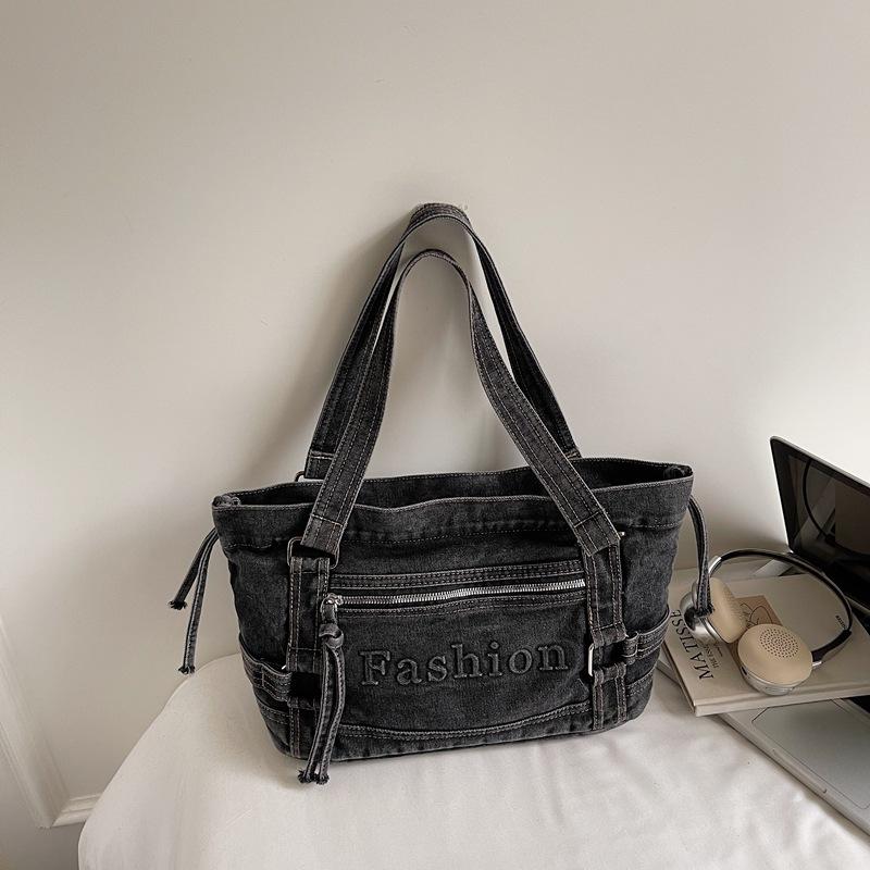 2025 Autumn New Crossbody Denim Bag Korean Tote Bag Vintage Washed Distressed Handbag Portable Shoulder Bag