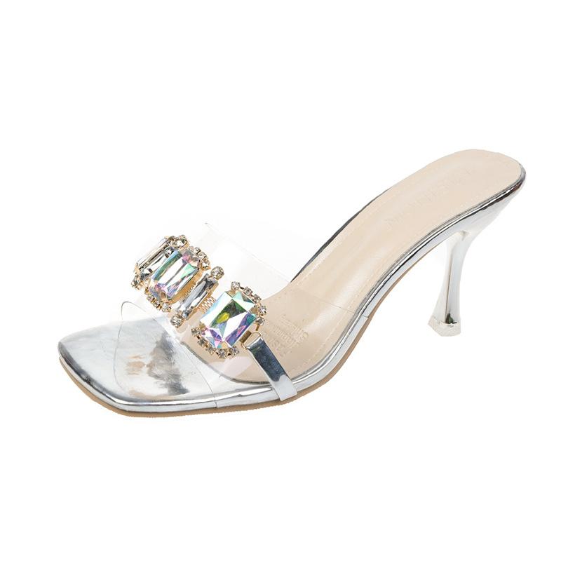 Comemore Shiny New Thin High Heels Sandals Open Toe Platform Clog Party Sandals Woman Rhinestone Silver Slippers 2025