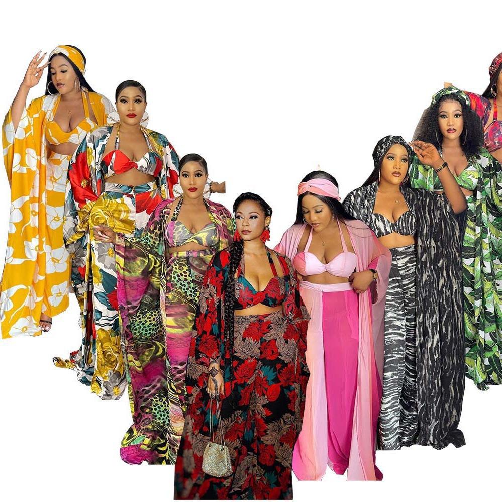 

International Fashion 4-Piece Set: Digital Print Cover-Up Top, Loose Long Pants, Bra, and Headscarf M