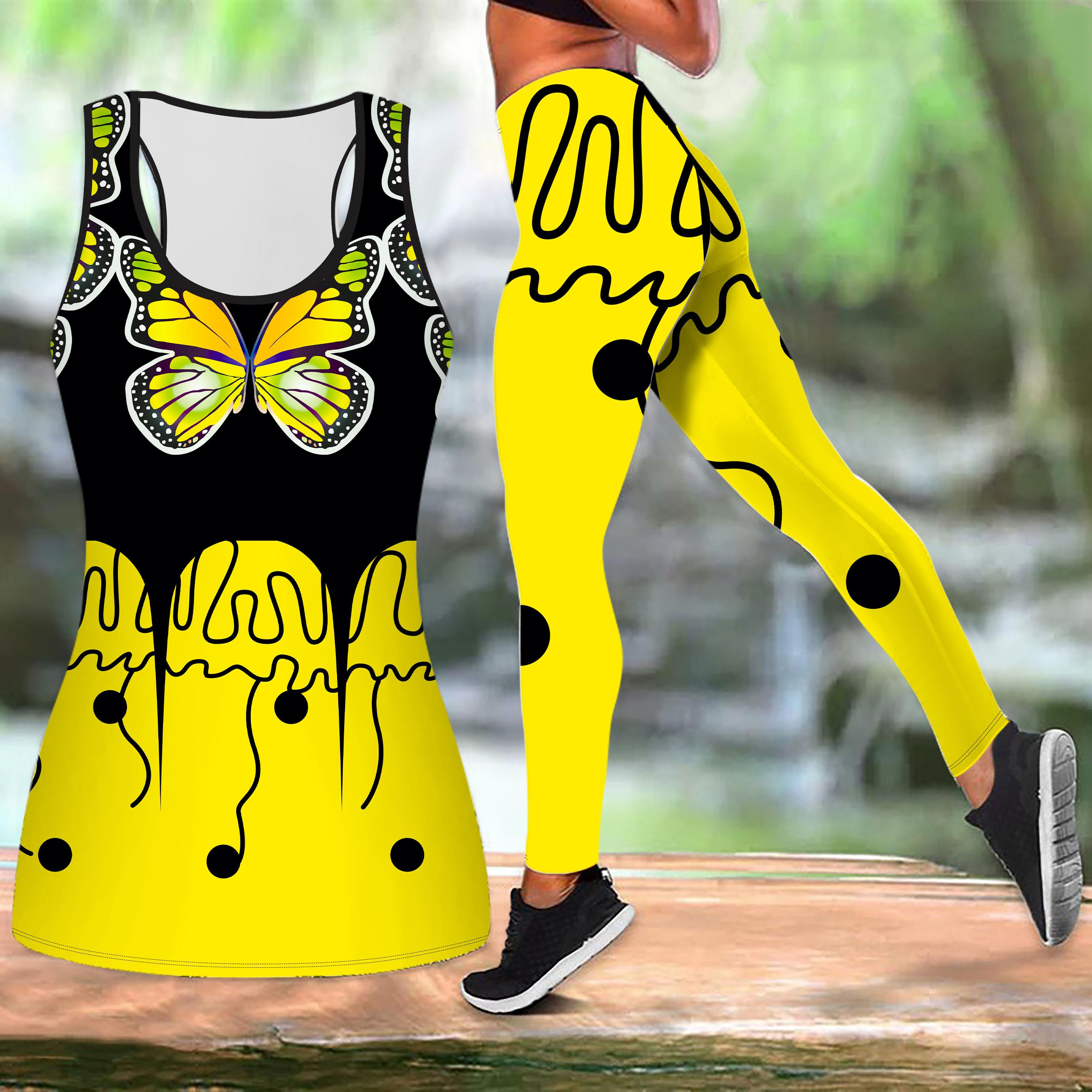 

Одяг для йоги з принтом пуголовків і метеликів для жінок Модні легінси для тренувань Фітнес Спорт Повсякденний набір для йоги Спортивний костюм XS жовтий