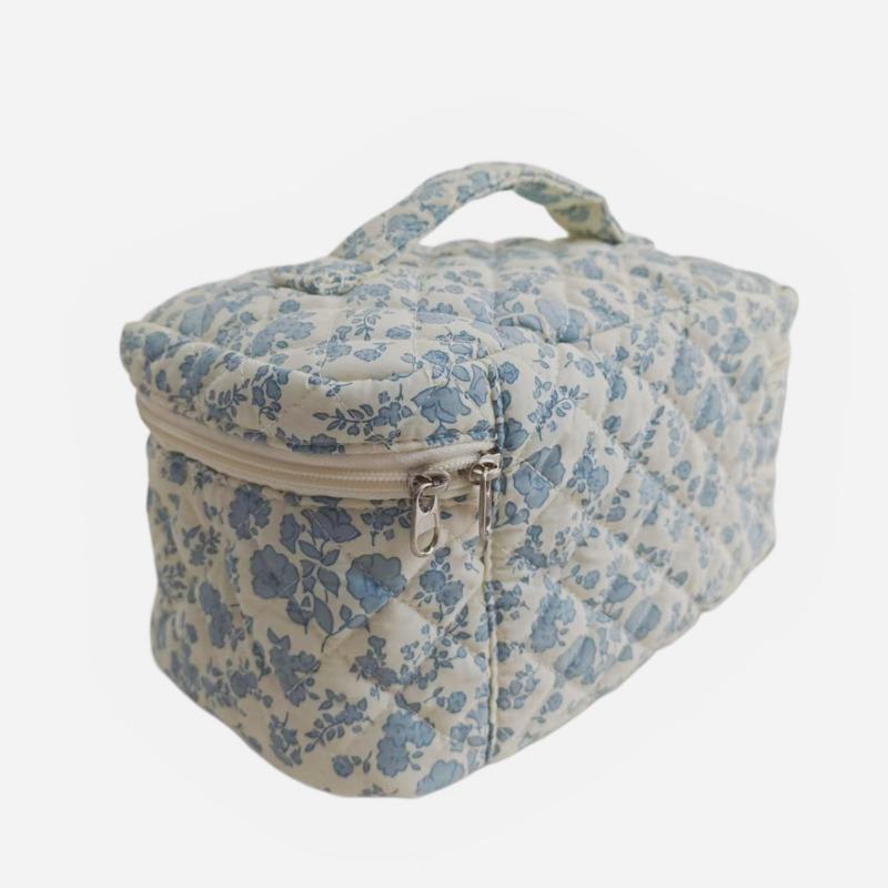 Blue Floral Quilted Cosmetic Bag Large Capacity Handheld Makeup Organizer Travel Toiletry Bag