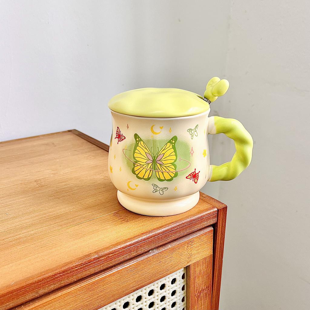 Butterfly Mug Girl Heart Ceramic Cup with Lid with Spoon High Value Water Cup Office Coffee Breakfast Cup