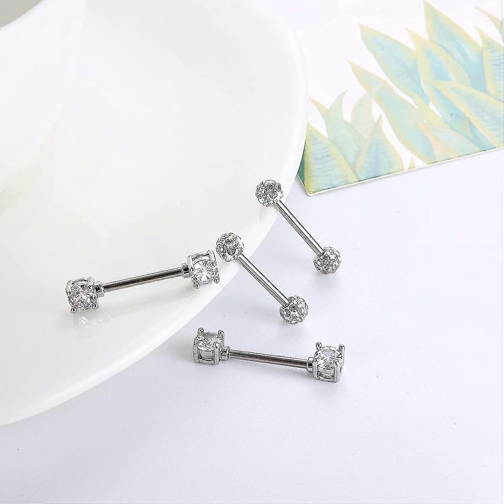 Katea 2 Pairs 316l Stainless Steel Nipple Rings Barbell Crystal Ball Piercing Nipple Cz Tongue Rings 14g S