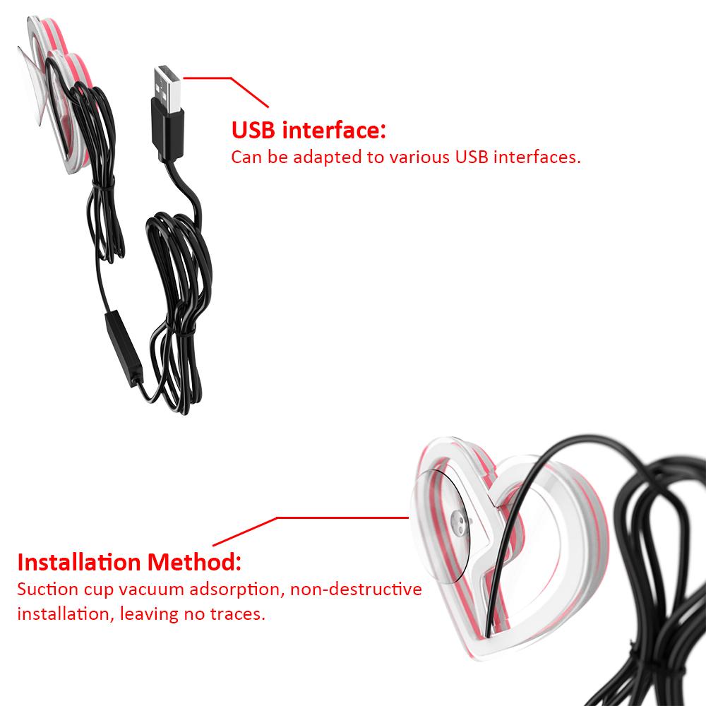 LED Window Automobile Lights for Car, Neon Lights Car Decoration, Glowing Heart Atmosphere Lights USBwiring,interior Decoration