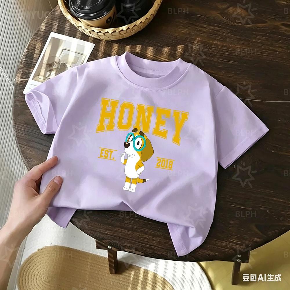 Kids Cute Honey Bluey Printed T Shirt Casual Soft Short Sleeve Tees for Boys Girls Cartoon Comfortable Summer Tops Est 2018