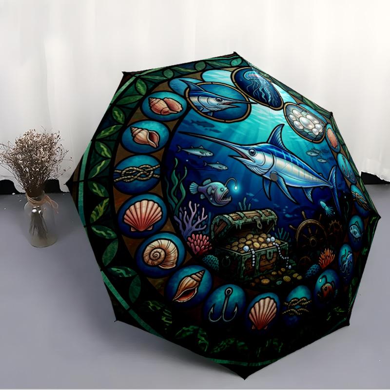 Ocean Life Glass Pattern Umbrella, Portable and Foldable Design, 8 Ribs, a Casual Accessory for Halloween, Christmas, and Birthday Gifts.