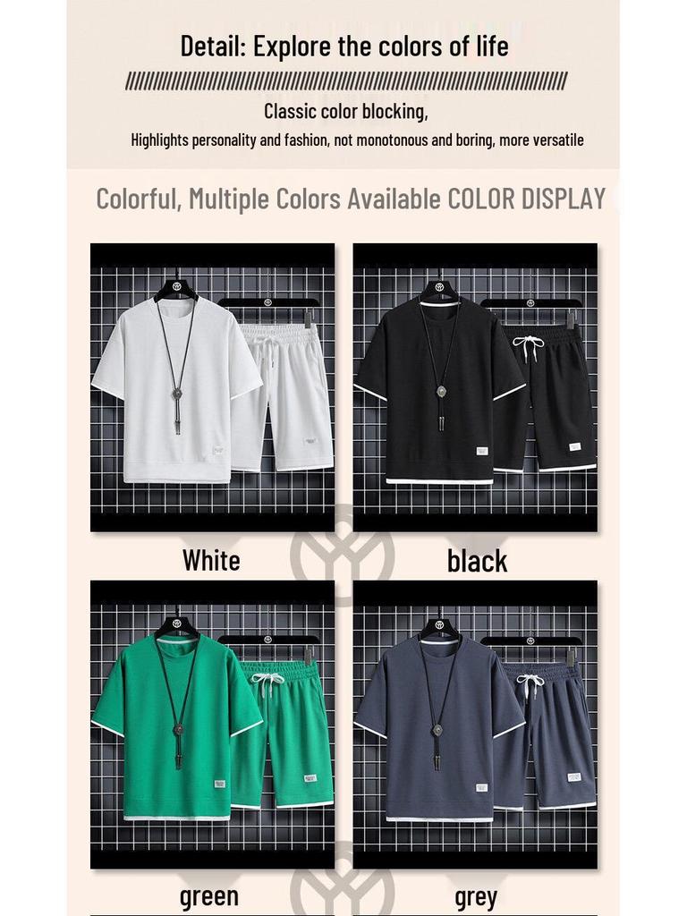 Men's Casual Summer Waffle T-Shirt & Shorts 2-Piece Set - Loose Fit Fake Two-Piece Design