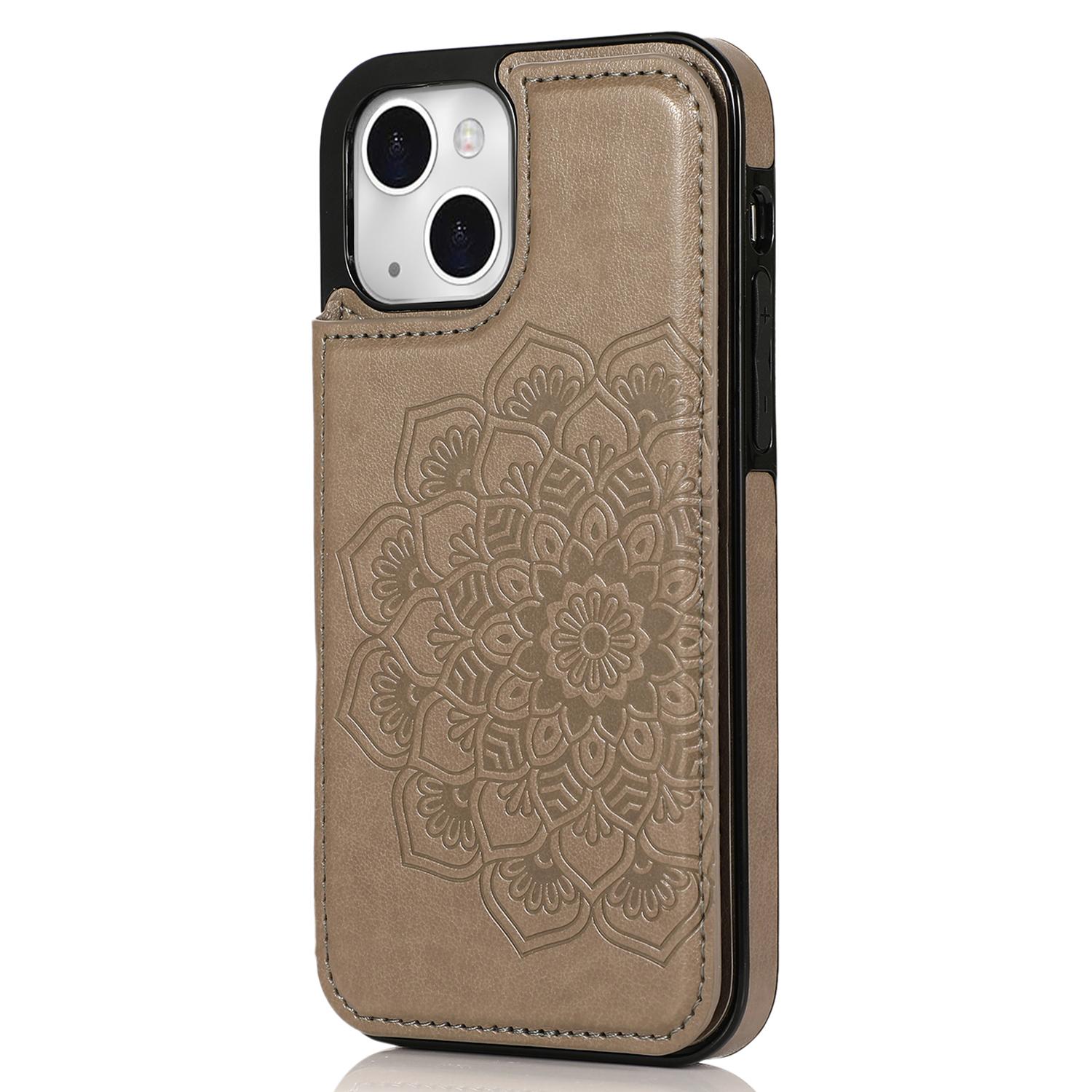 

For iPhone 15 Plus Case PU Leather+TPU Imprinted Mandala Flower Card Holder Phone Cover Grey