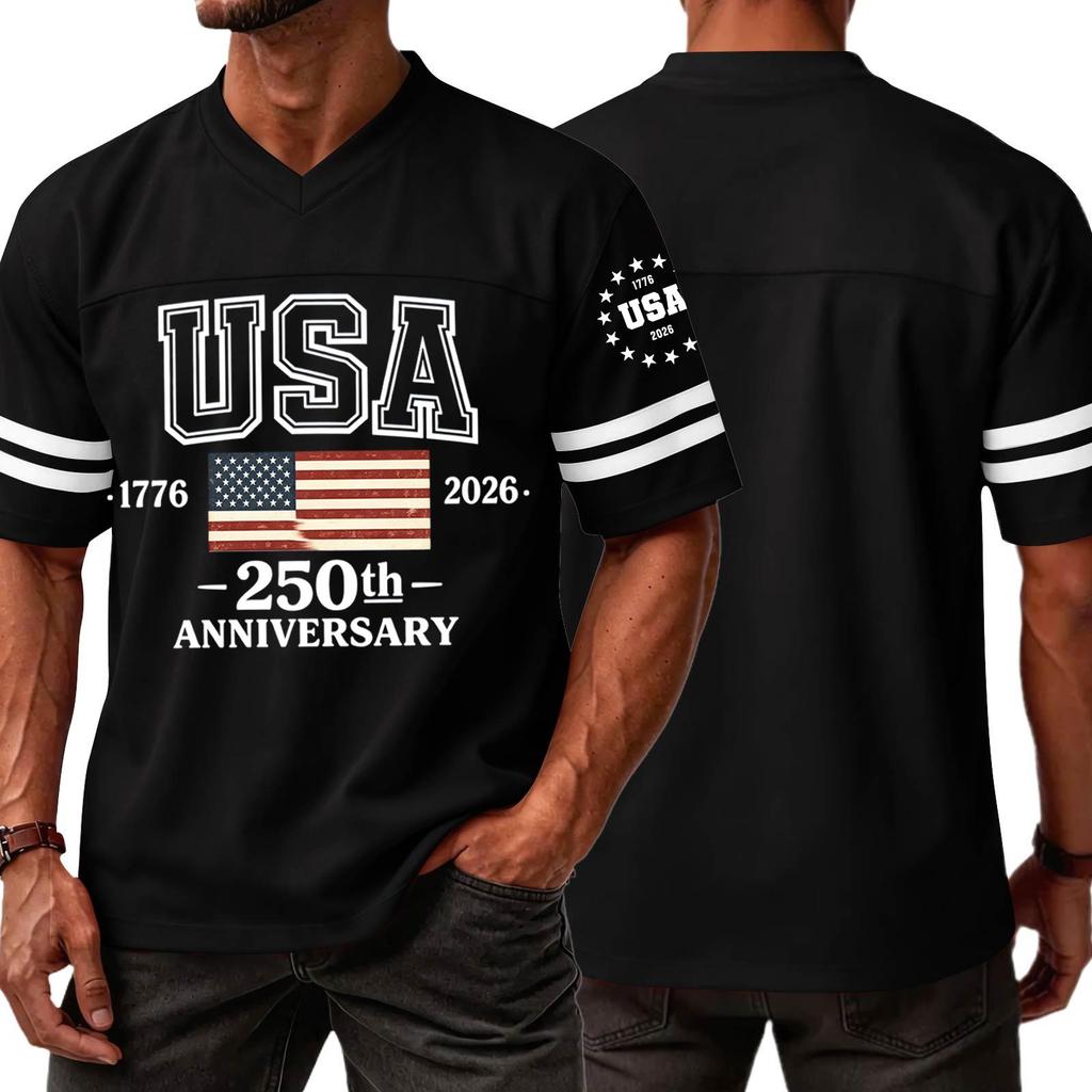 Men's V Neck Short Sleeve Sports T Shirt with USA 250th Anniversary 1776 2026 Print Casual Fashion Jersey Style Top