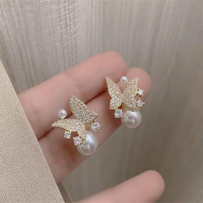 Elegant Fashion Korean Butterfly Pearl Zircon Stud Earrings  for Women Girl Gift Jewelry Wholesale