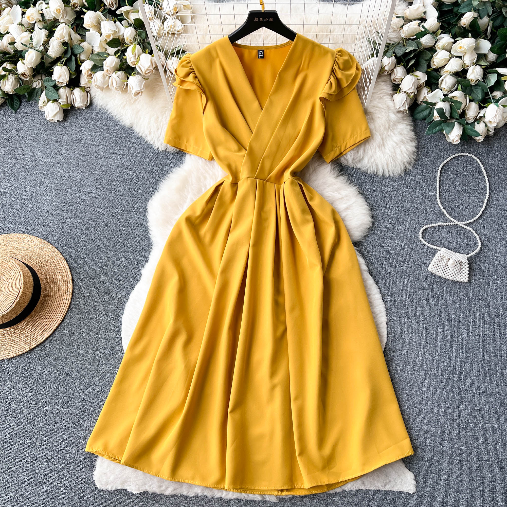 

Женское платье с короткими рукавами и v-образным вырезом во французском стиле ретро, ​​летние элегантные длинные свободные платья трапециевидной формы с тонкой талией One Size жёлтый