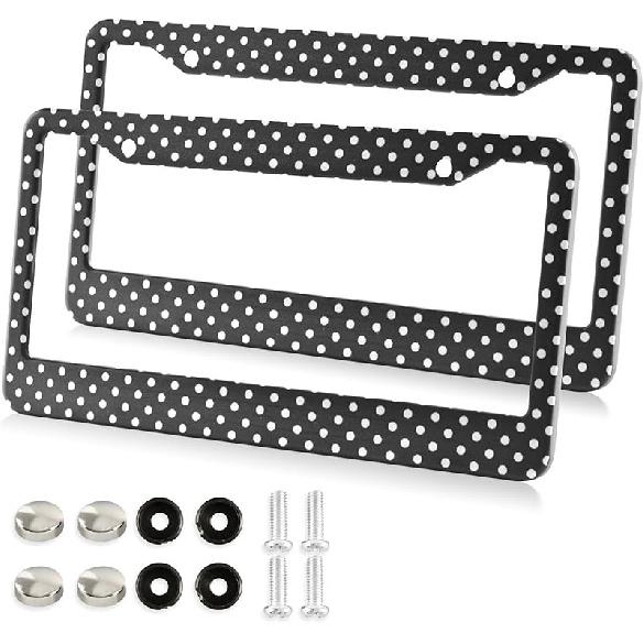 Kigai Black And White Polka Dot License Plate Frame - 2 Pack Universal Stainless Steel License Plate Frame With Screws Included (2 Holes)