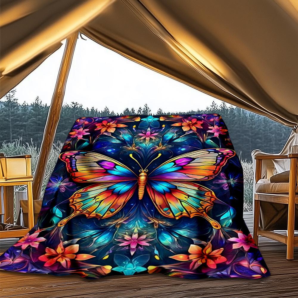 1pc Butterfly Flowers Throw Blanket Polyester Fiber, Lightweight Flannel, Soft & Warm, All Season Use for Outdoor, Camping Digital Print