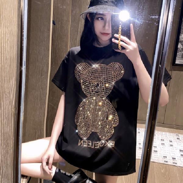 

Cotton gold diamond sparkling hot diamond medium and long T-shirt women s short sleeve 2025 spring and summer new women s clothing loose fashion top M чёрный