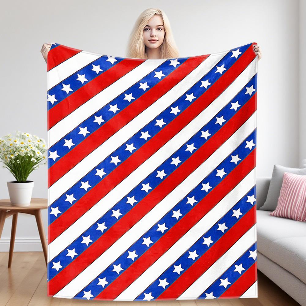Patriotic Star Diagonals Flannel Blanket, Ultra-Fine Fiber, All Season Luxurious Fluffy Blanket Suitable For Beds Or Sofas
