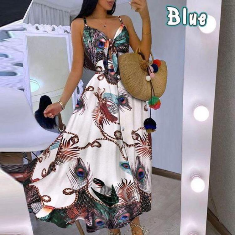 Bohemian Summer Beach Wear Women Deep V Neck Sleeveless Spaghetti Strap Casual Maxi Dress Printed Party Fashion Dresses