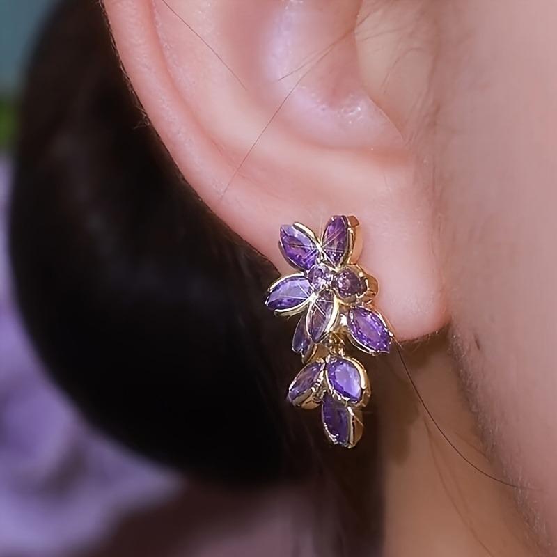 Elegant Classic Style Flower Shape Inlaid Shiny Purple Rhinestone Earrings  Delicate Accessory for Daily Wear