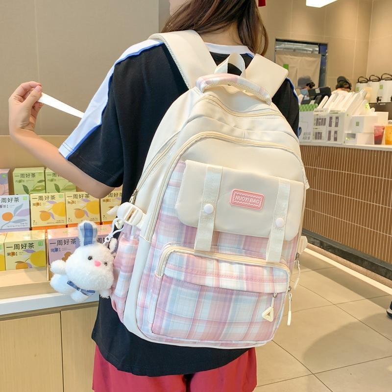 New Large-capacity Make-up Bag Trendy and Fashionable Plaid Junior High School College Student Backpack Two-piece Backpack Fashionable