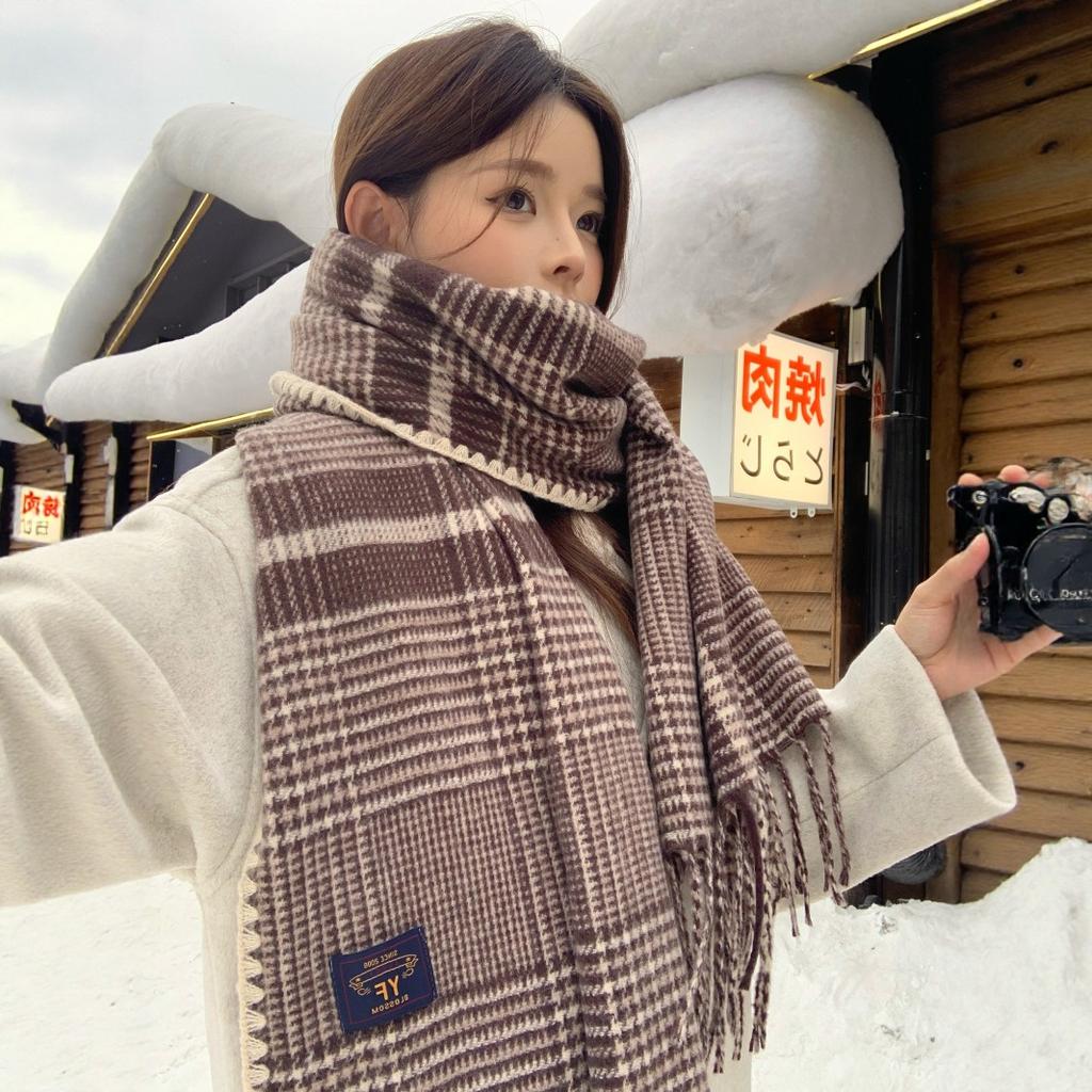 Korean high-end atmosphere retro British plaid with scarf shawl women's autumn and winter versatile warm scarf