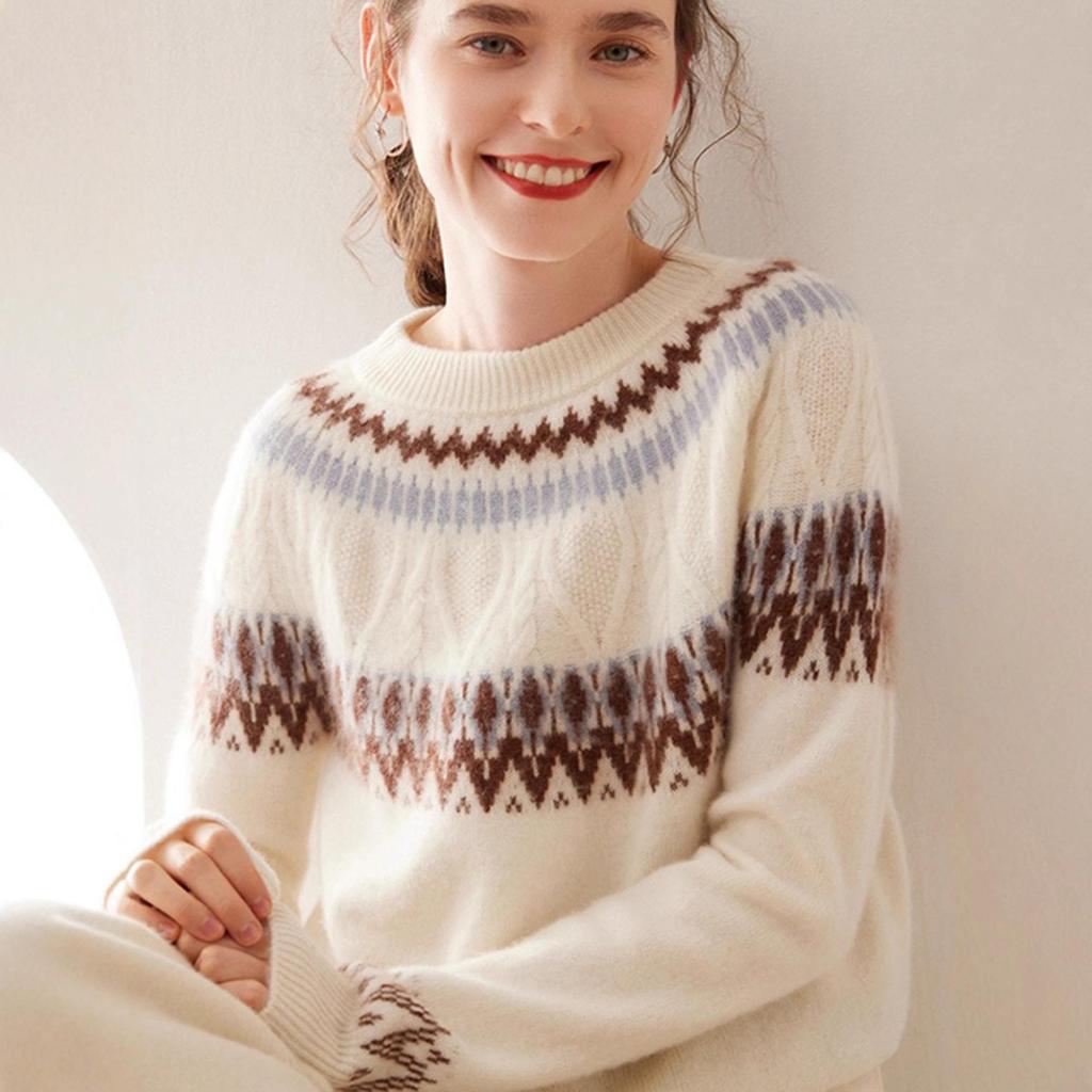Women's Fair Isle Jacquard Cashmere Sweater: Unique Color Block, Round Neck, Loose Fit, Thickened Knitwear for Autumn/Winter.