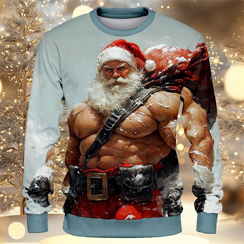Strong Santa Claus Pattern Sweatshirts Fashion Trend 3D Muscle Printed Crew Neck Hoodie Cool Streetwear Oversized Mens Pullovers