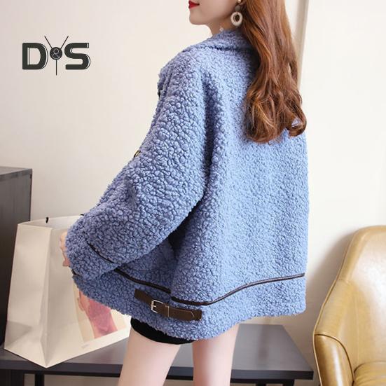 Winter Women Coat Single-breasted Turn-down Collar Long Sleeves Loose Thick Plush Pockets Belt Decor Windproof Warm Jacket