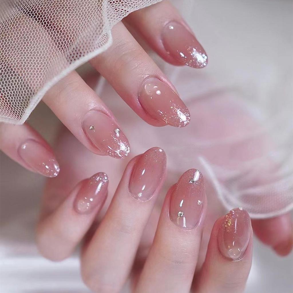 24 Pieces Blush Gradual Change Pure Want Manicure Fake Nails Small Red Book French Glitter Wearing Nail Wearing Nail