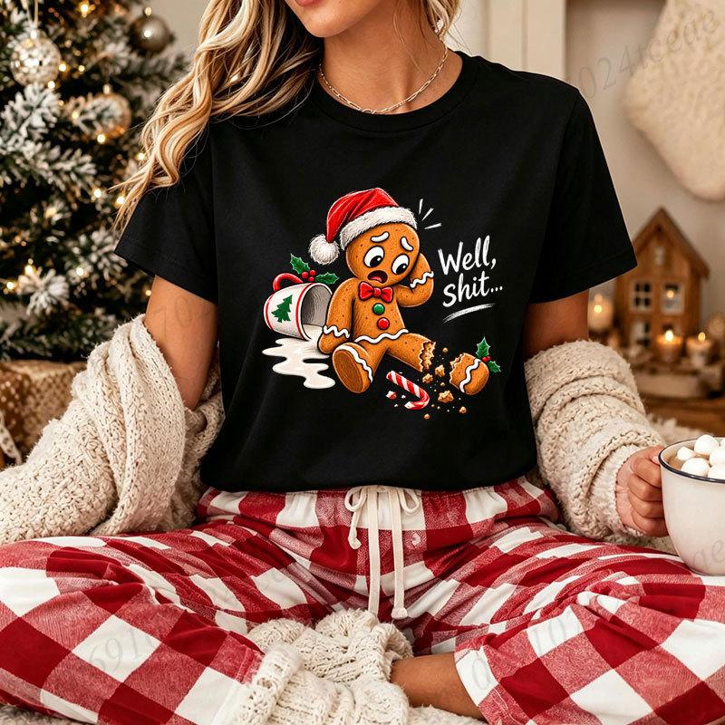 Funny Gingerbread Man Christmas T‑Shirt Well Shit Graphic Tee Xmas Santa Hat Print Short Sleeve Casual Holiday Party Tops Gifts