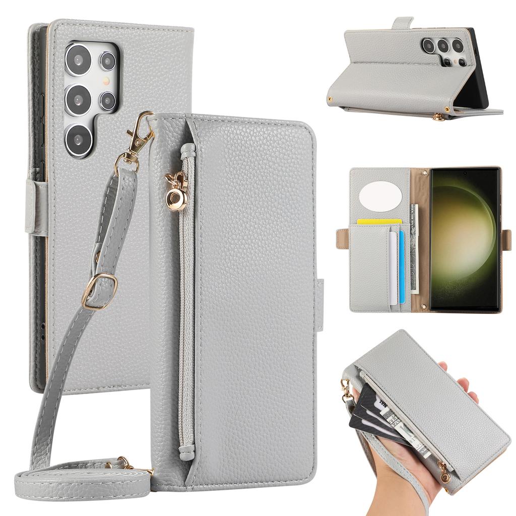 For Samsung Galaxy S23 Ultra Wallet Phone Case Shockproof TPU+PU Leather Flip Cover with Mirror,Strap