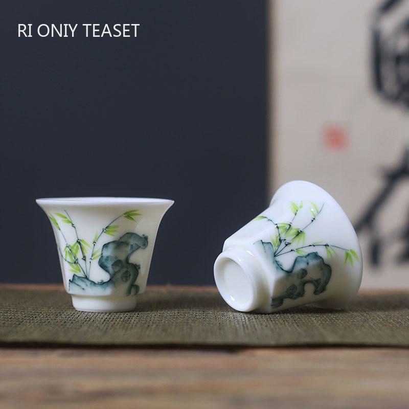 

1 Pc Chinese Handmade Ceramic Teacup Hexagonal Tea Bowl Hand-Painted Bamboo Leaf Porcelain Tea Cup Household Tea Set 35ml 5.5x4.5cm 35ml