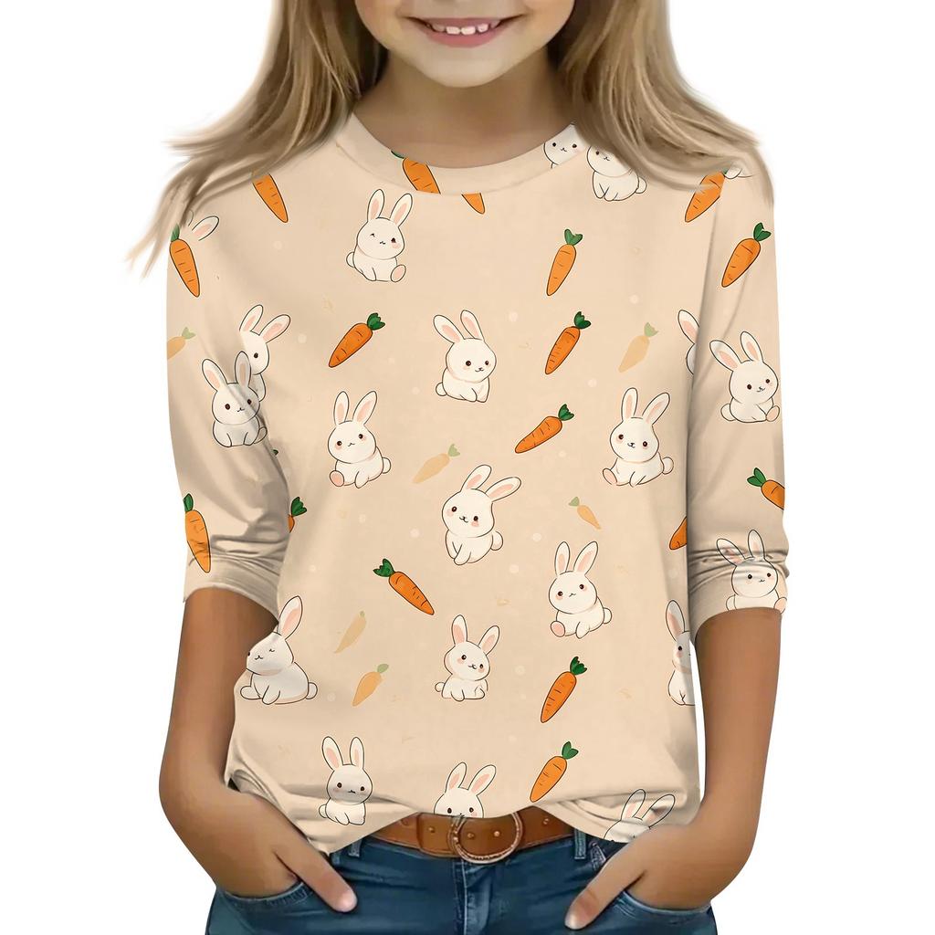 Children's 3/4 Sleeve Tops Casual Print T Shirt Round Neck Pullover Blouse