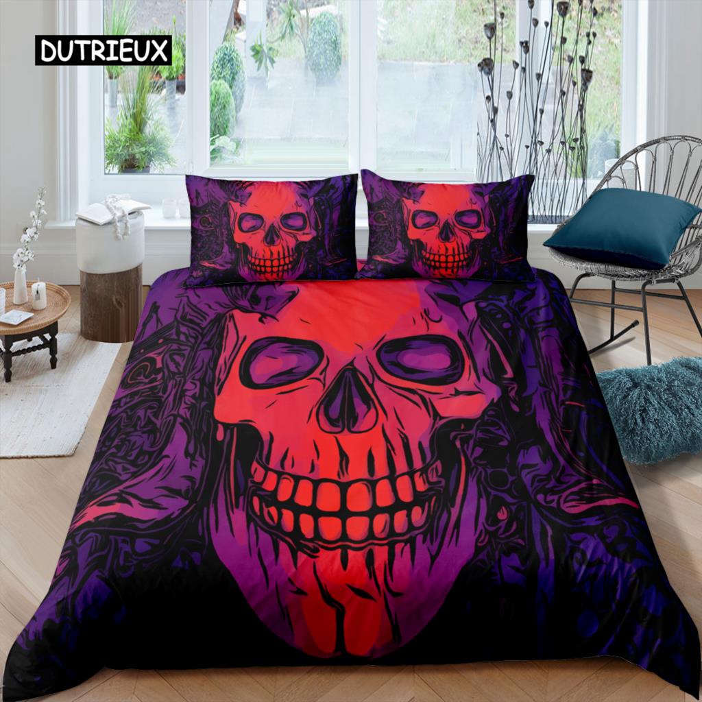 Ložní soupravy Sugar Skull King Krása Polibek Lebka Povlak na přikrývku Ložní souprava Bohémský potisk Černé ložní prádlo Velikost Queen Bedline