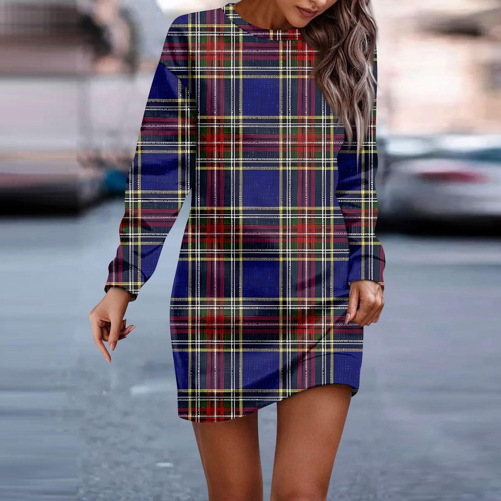 

Жіноча сукня-світшот із довгим рукавом у клітку в стилі печворк із принтом і круглим вирізом S