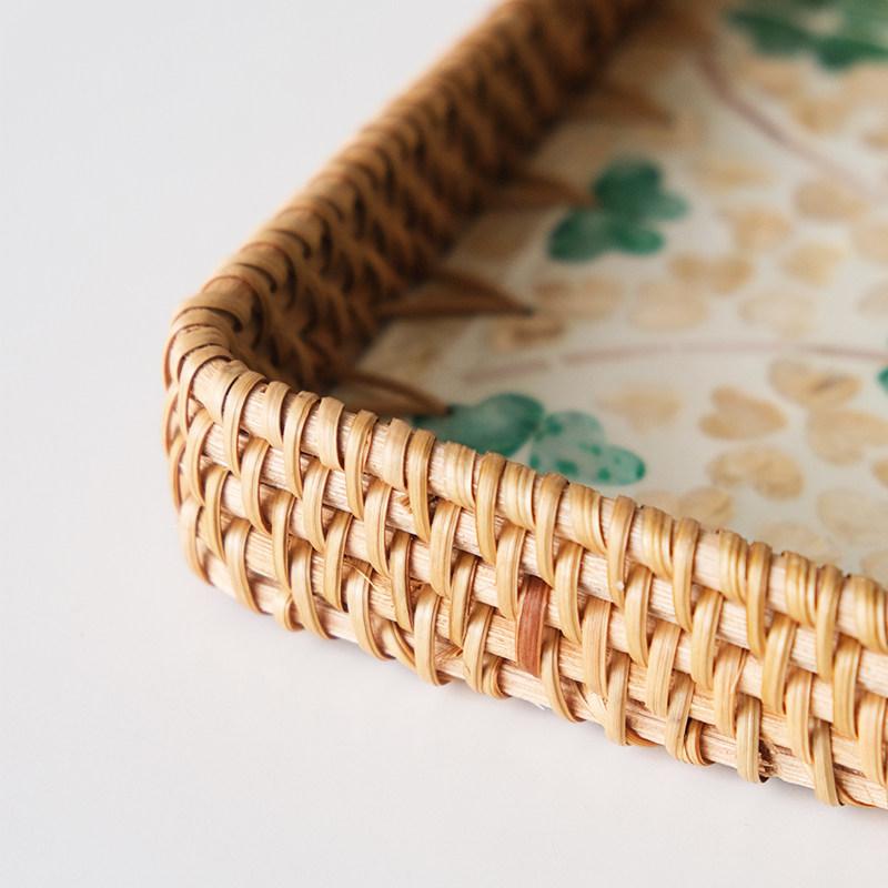 Rattan Storage Basket Colorful Shell Patterns Square Tray Desktop Storage Container Fruit Platter Wicker Basket Organizer