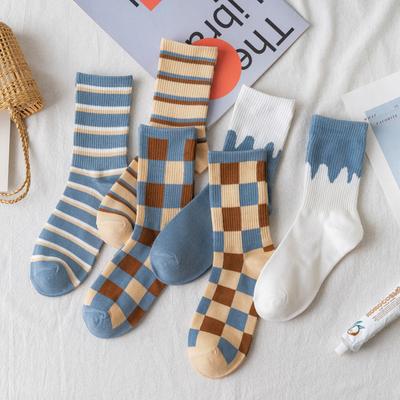 Spring and Autumn New Mid Tube Women's Socks Stripe Blue Checker Sports Women's Socks