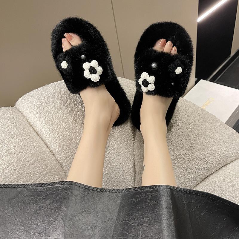 Cute Flower Korean Version of the New Mao Mao Slippers Women Wear Platform Trendy Shoes Autumn and Winter Warm Household Cotton Slippers